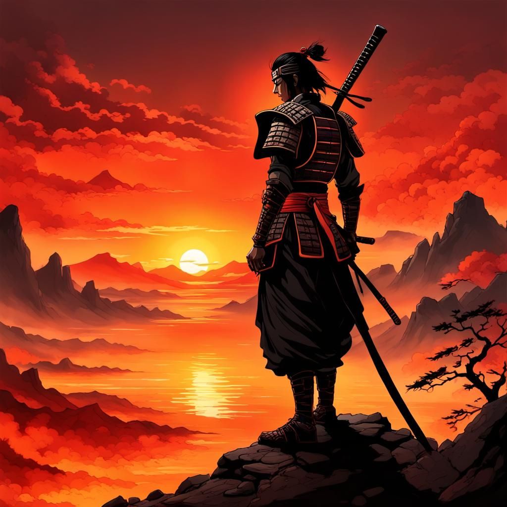 Samurai Warrior Silhouetted Against Apocalyptic Sunset