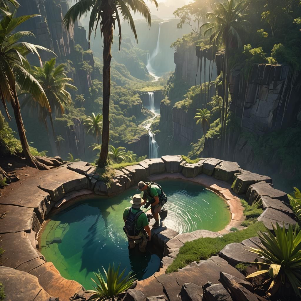 Tepui Mountain Hiker Overlooks Sunlit Sinkhole