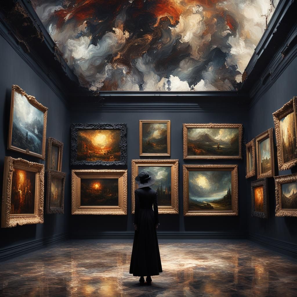Damaged Art Gallery with Goth Model in Abstract Oil