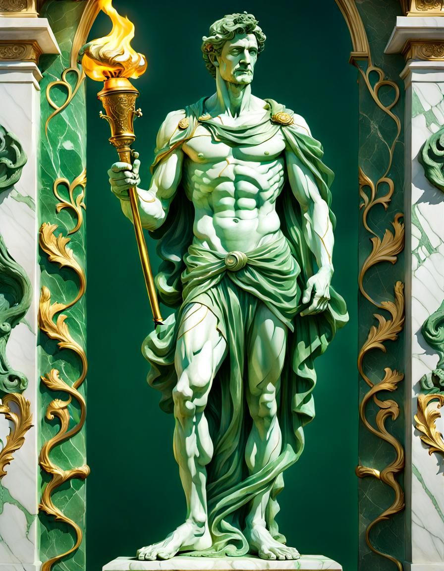 Green Marble Statue with Torch in Art Nouveau Style