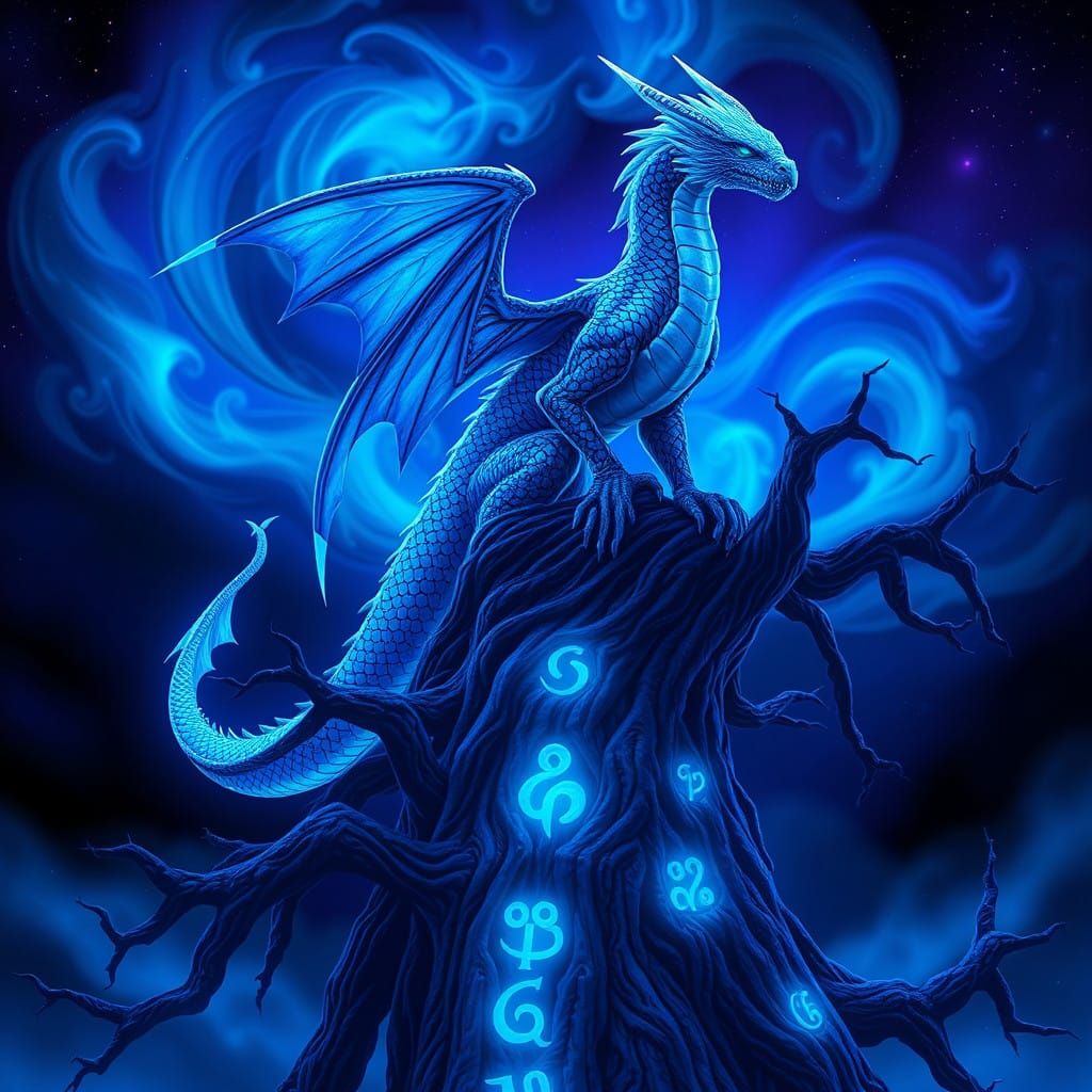 Cyberpunk Azure Dragon Queen Amidst Auroral Majesty