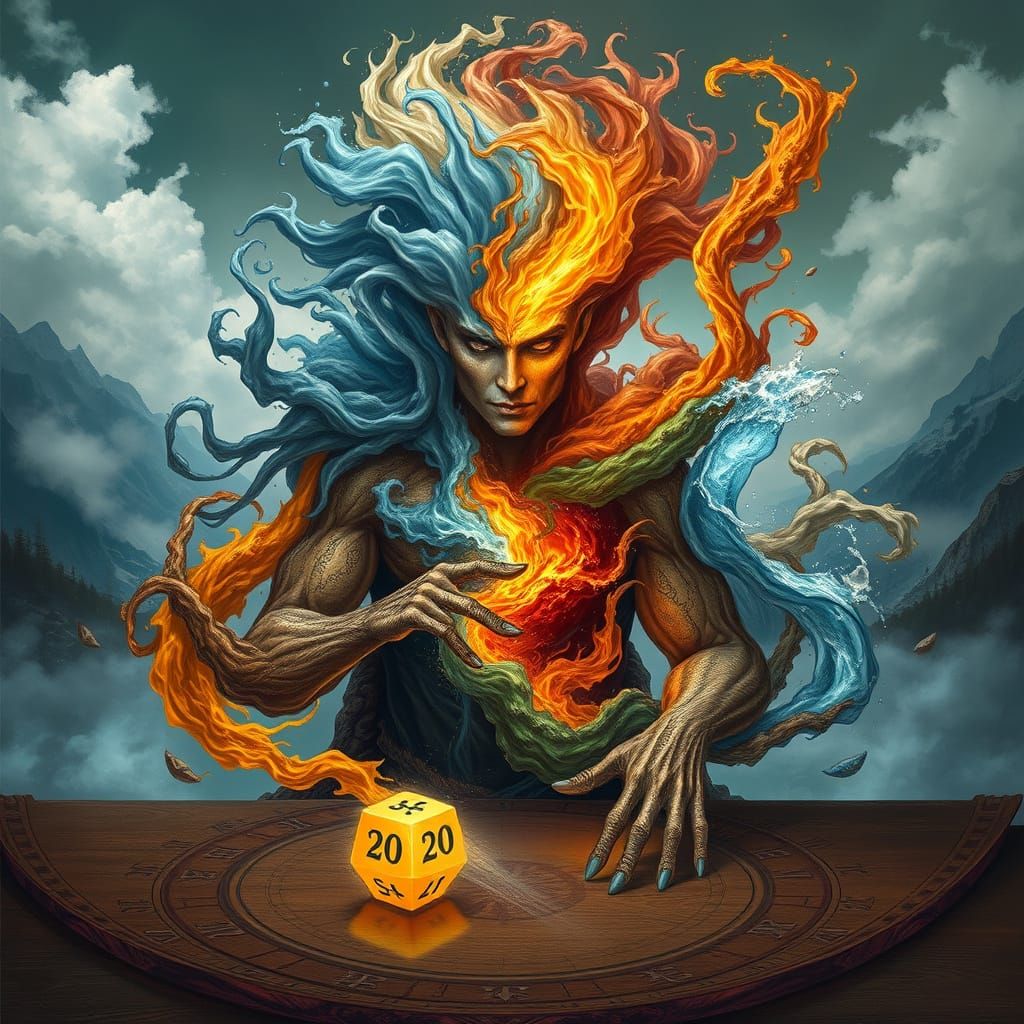 Cosmic Elemental Being Rolls the Fates in a Dreamlike Vortex