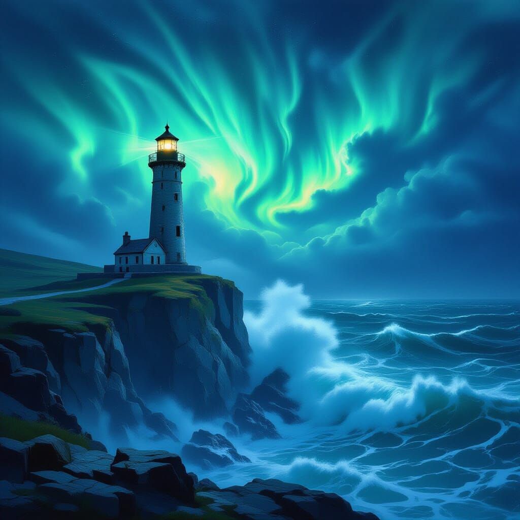 Ancient Lighthouse on Stormy Coast Under Aurora Sky