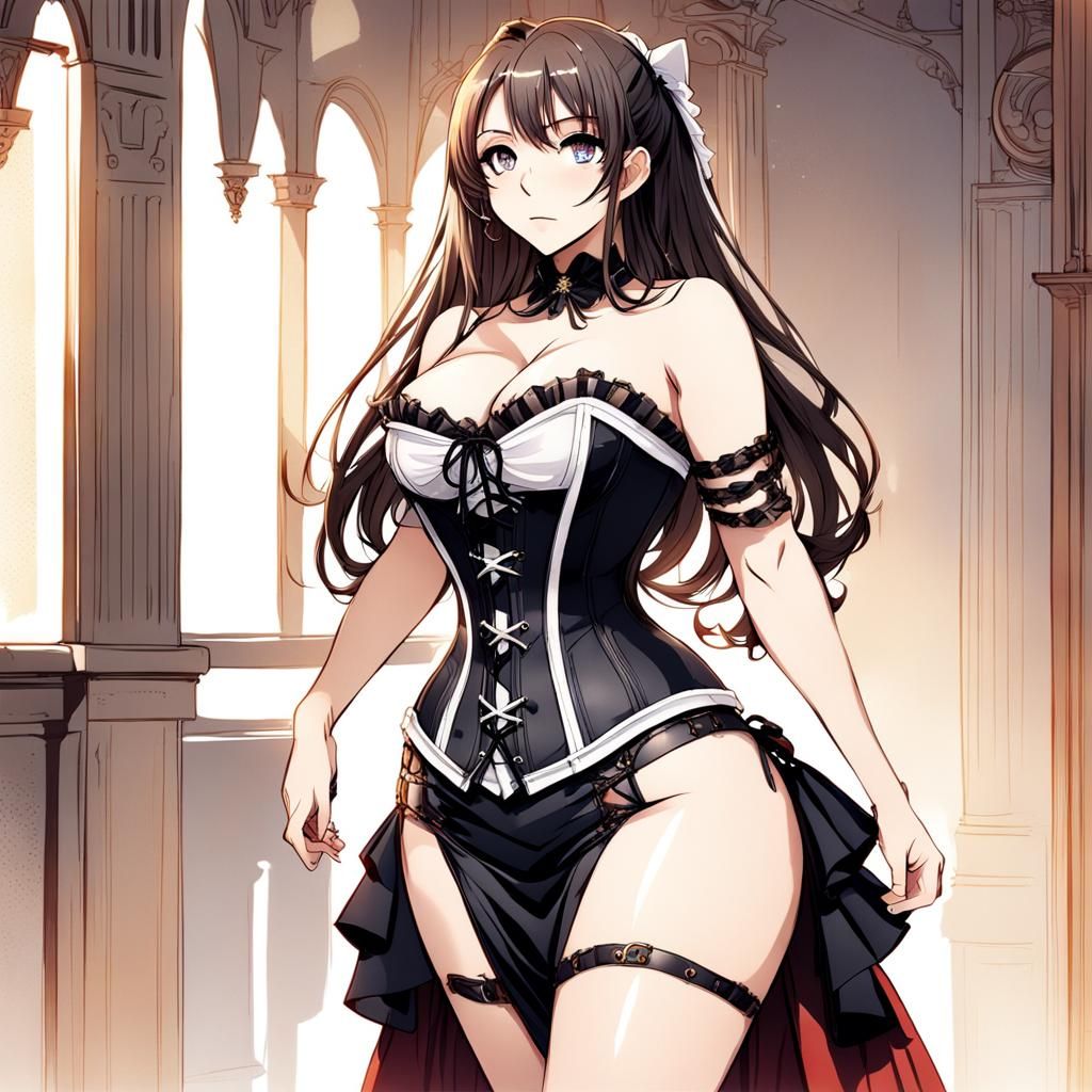 Anime Woman in Corset Dress with Long Hair