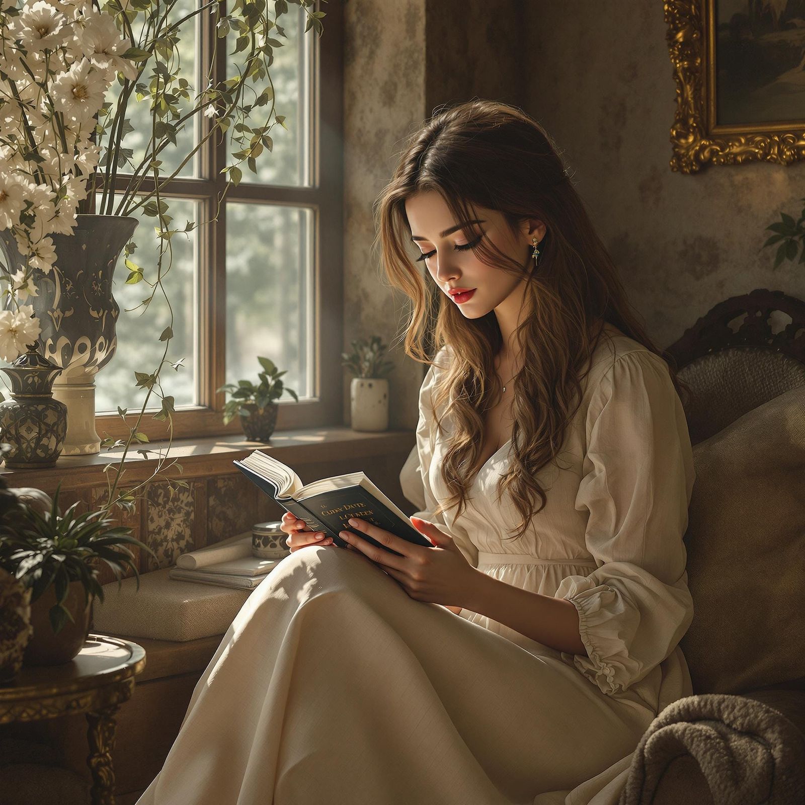 Pretty Woman Reading in Cottage-Core Style