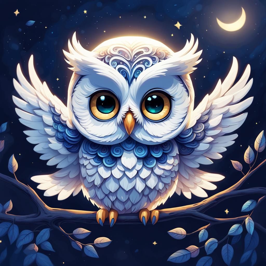 Cute Chibi Owl Flying in Whimsical Night Sky