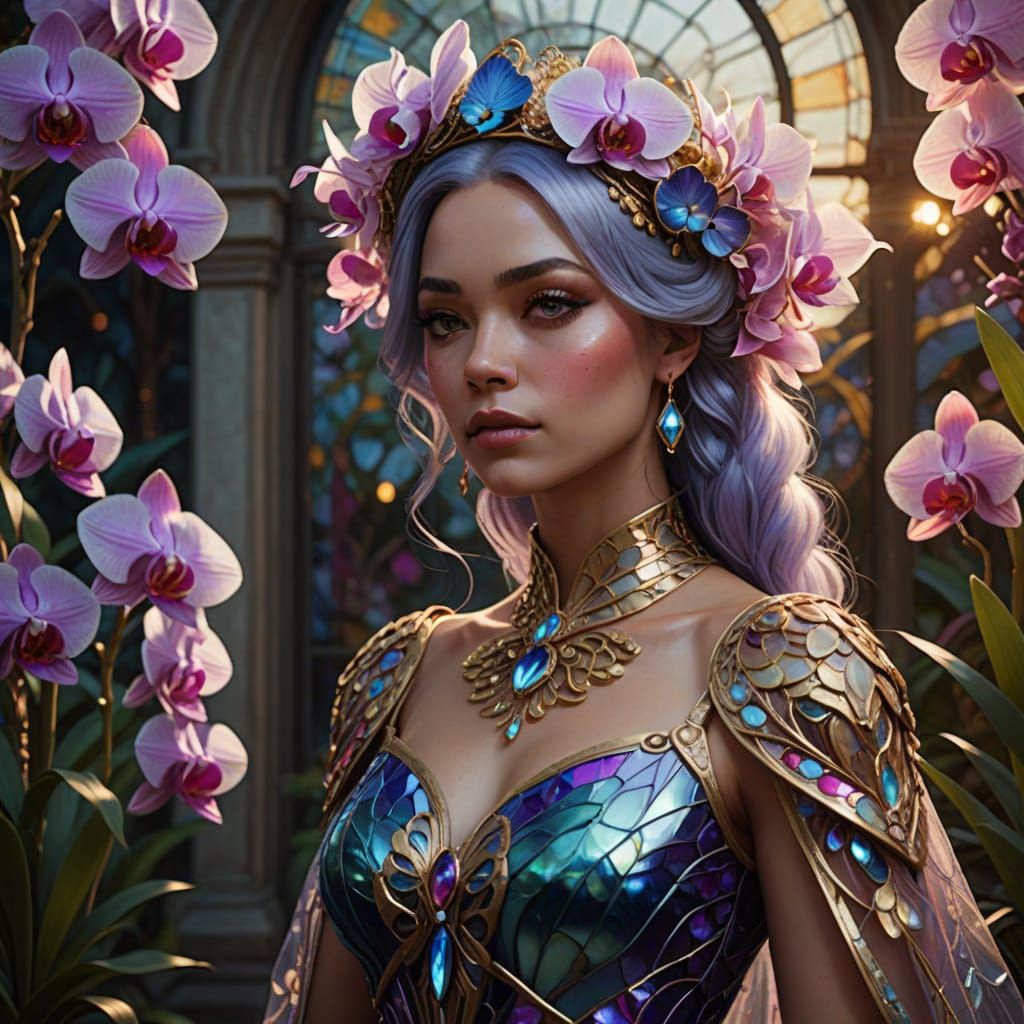 Orchid Crowned Woman in Flowing Gown, Fantasy Digital Art