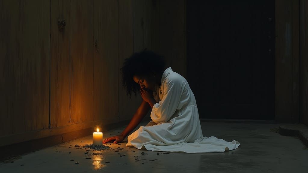 Melancholic Nigerian Woman in Dimly Lit Room