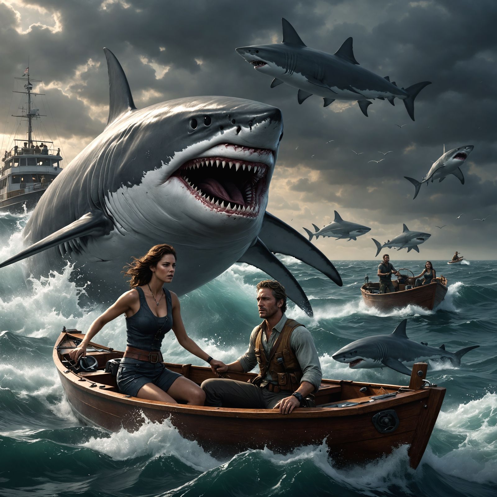 Couple in Peril: Shark Encounter in Dark Fantasy Style