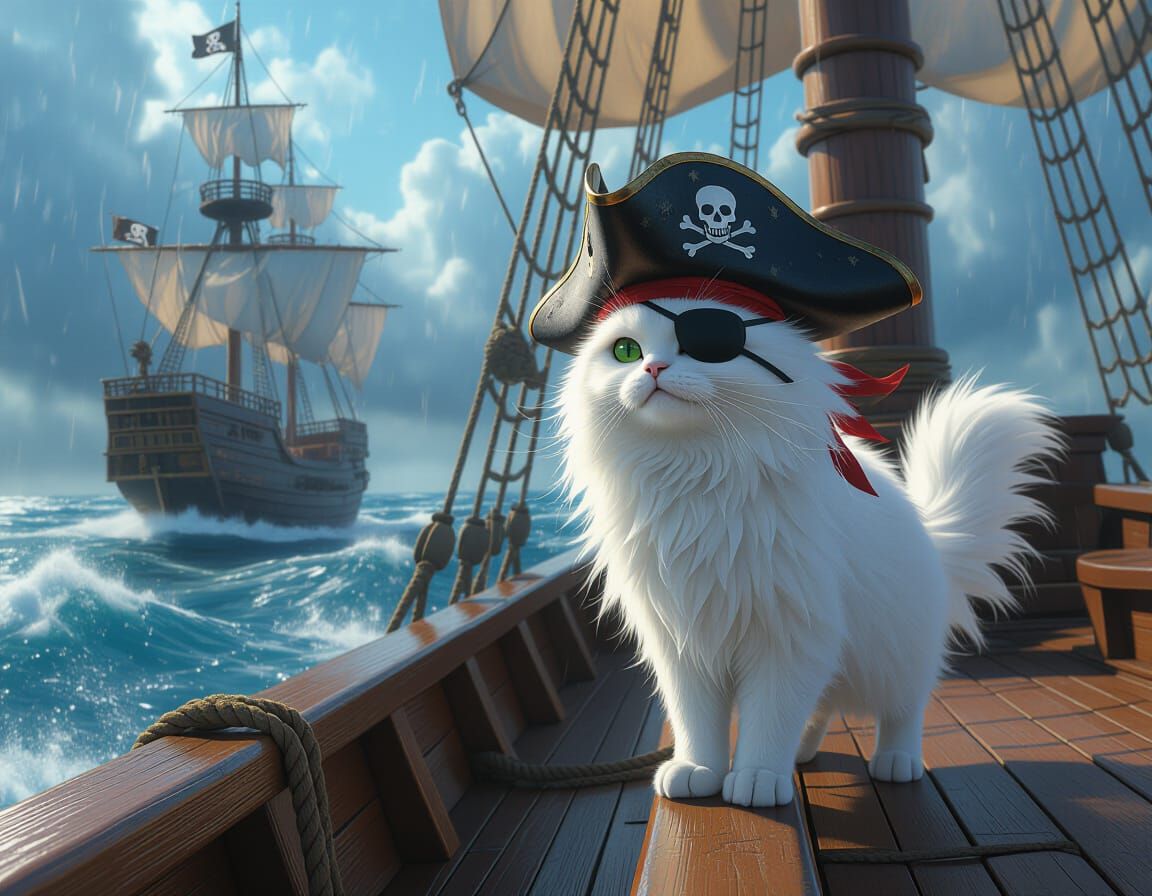 Pirate Cat on Stormy Seas in Fantasy Art Style