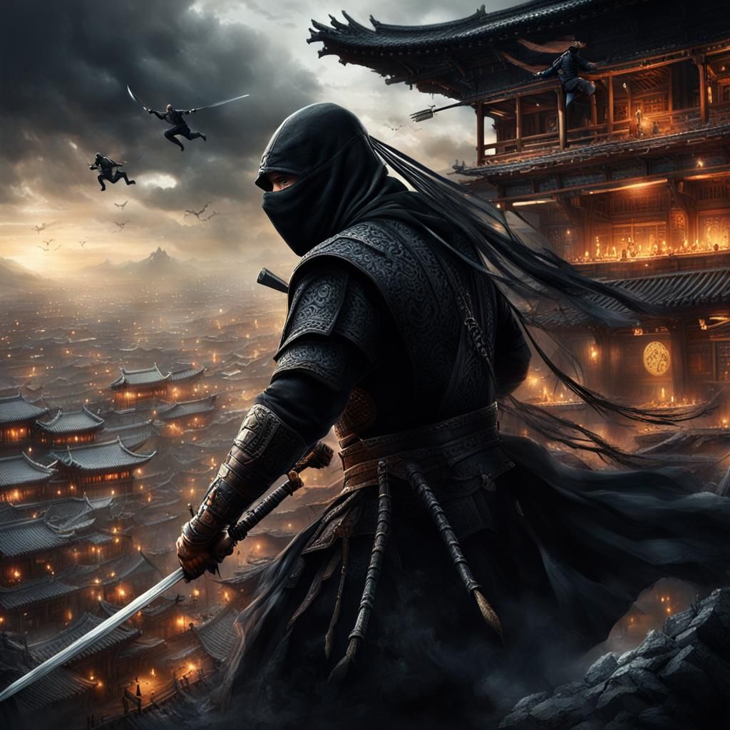 Ninja Warrior with Raven on Skyscraper Roof