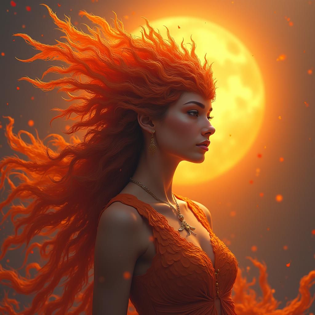 Majestic Phoenix Woman in Fiery Landscape