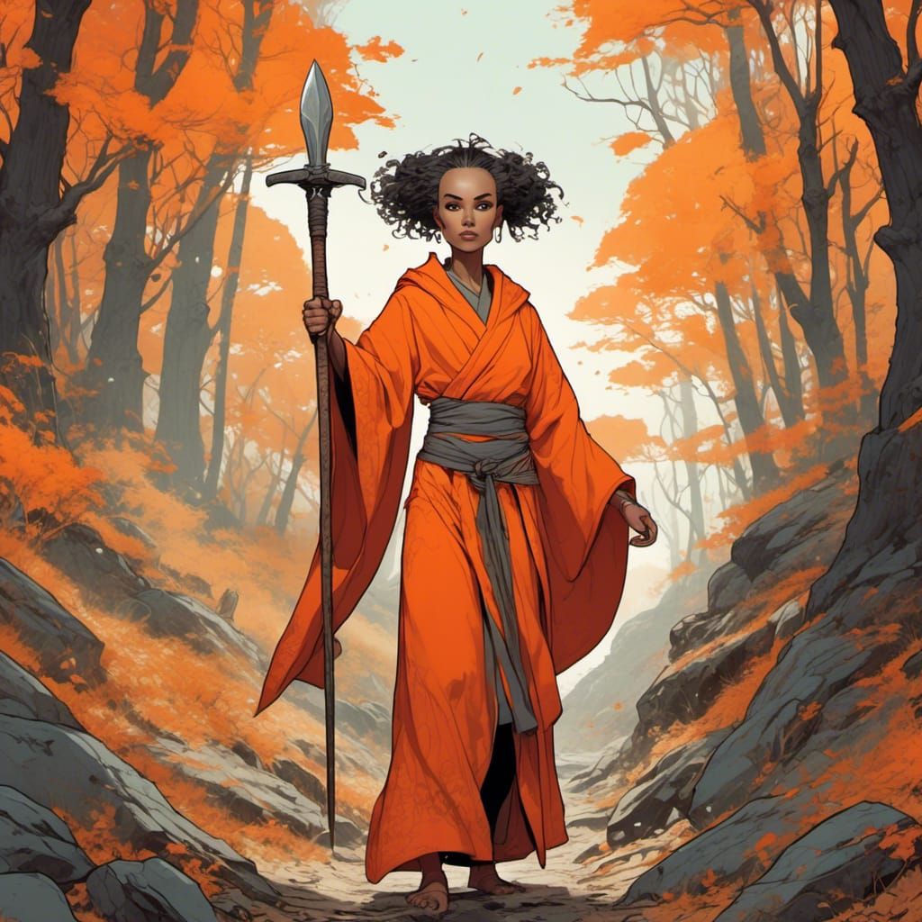 Powerful Bald Woman Warrior in Colorful Forest