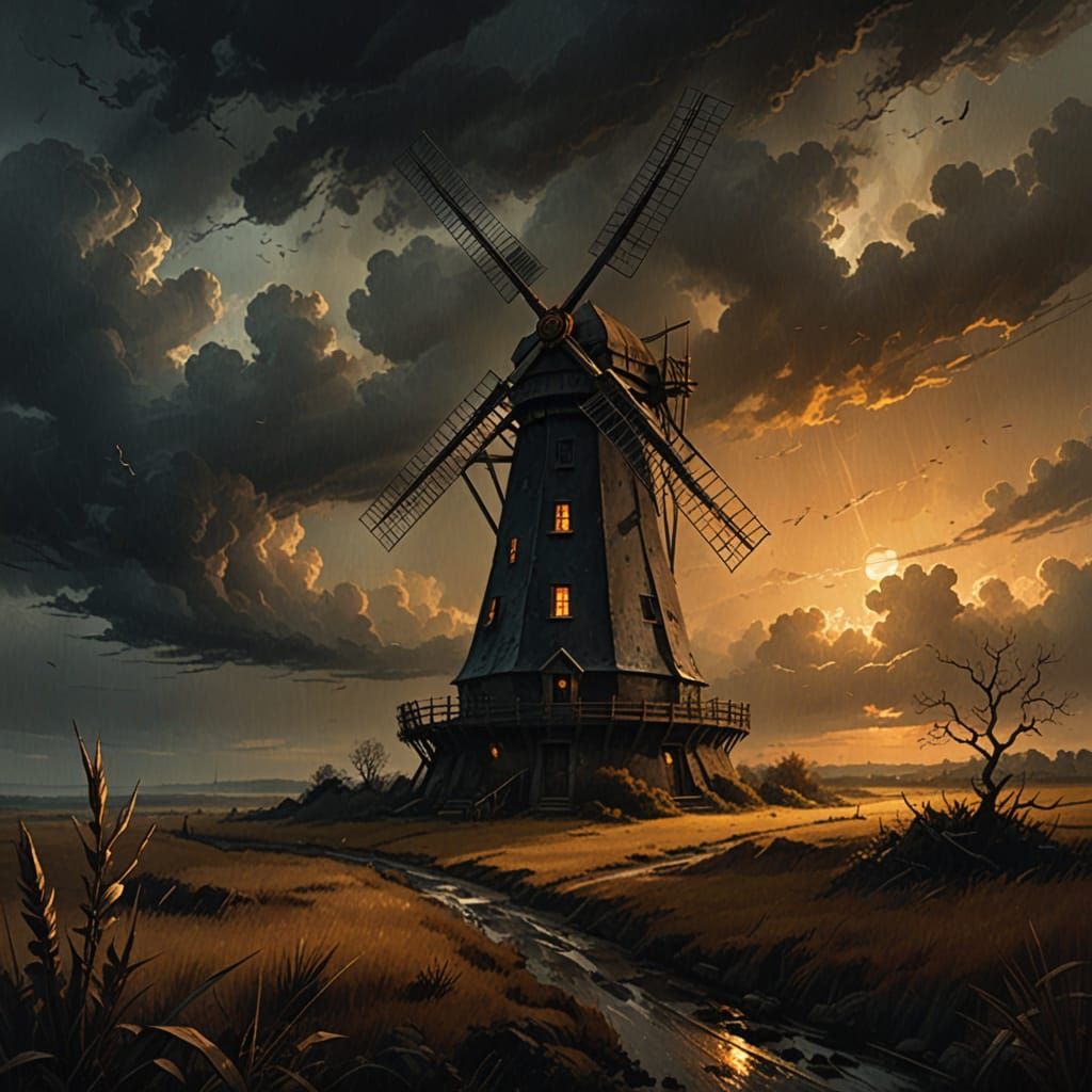 Ominous Windmill in Dark Fantasy Landscape