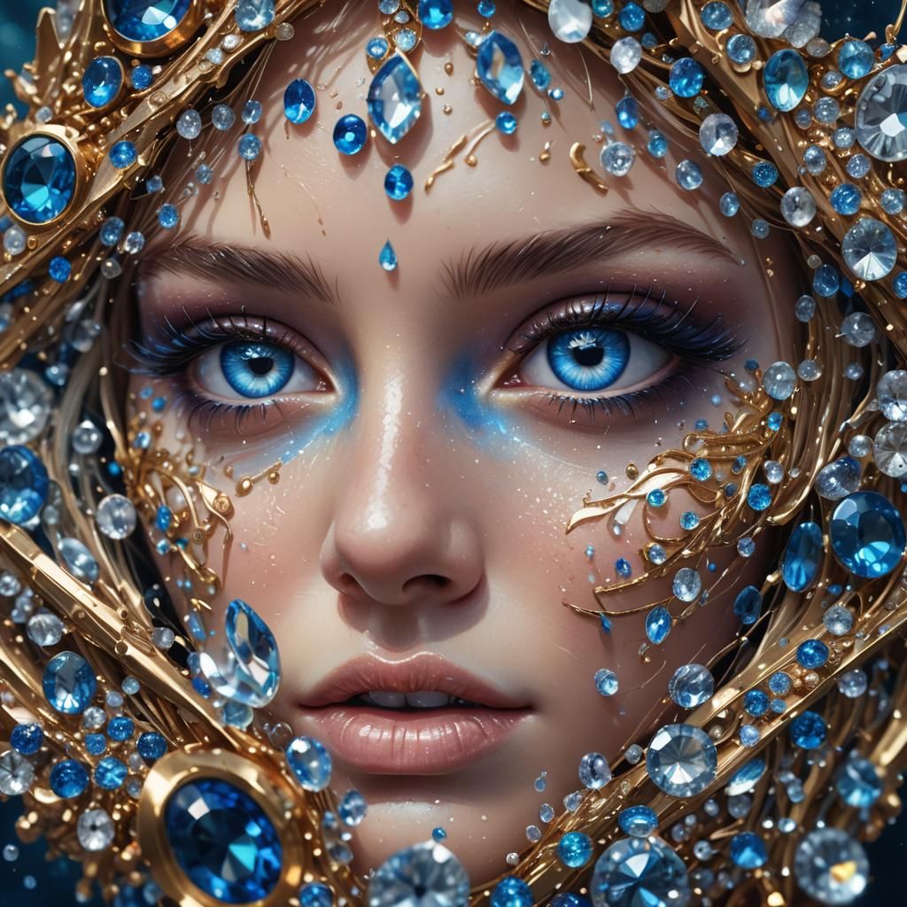 Mystical Crystal Blue Eyes with Gems, Hyperrealistic Art