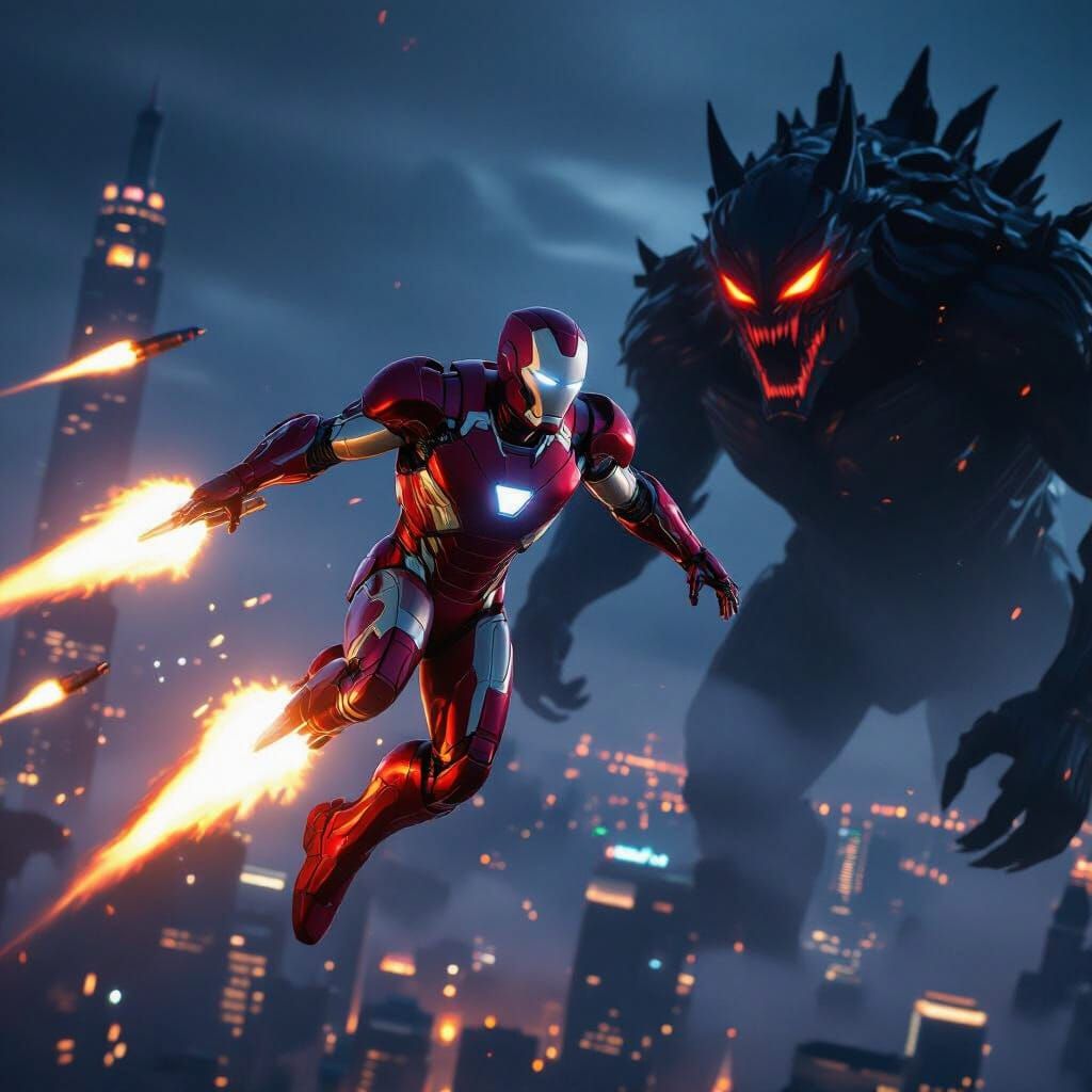 Iron Man Style Hero Battles Giant Monster Over Futuristic Ci...