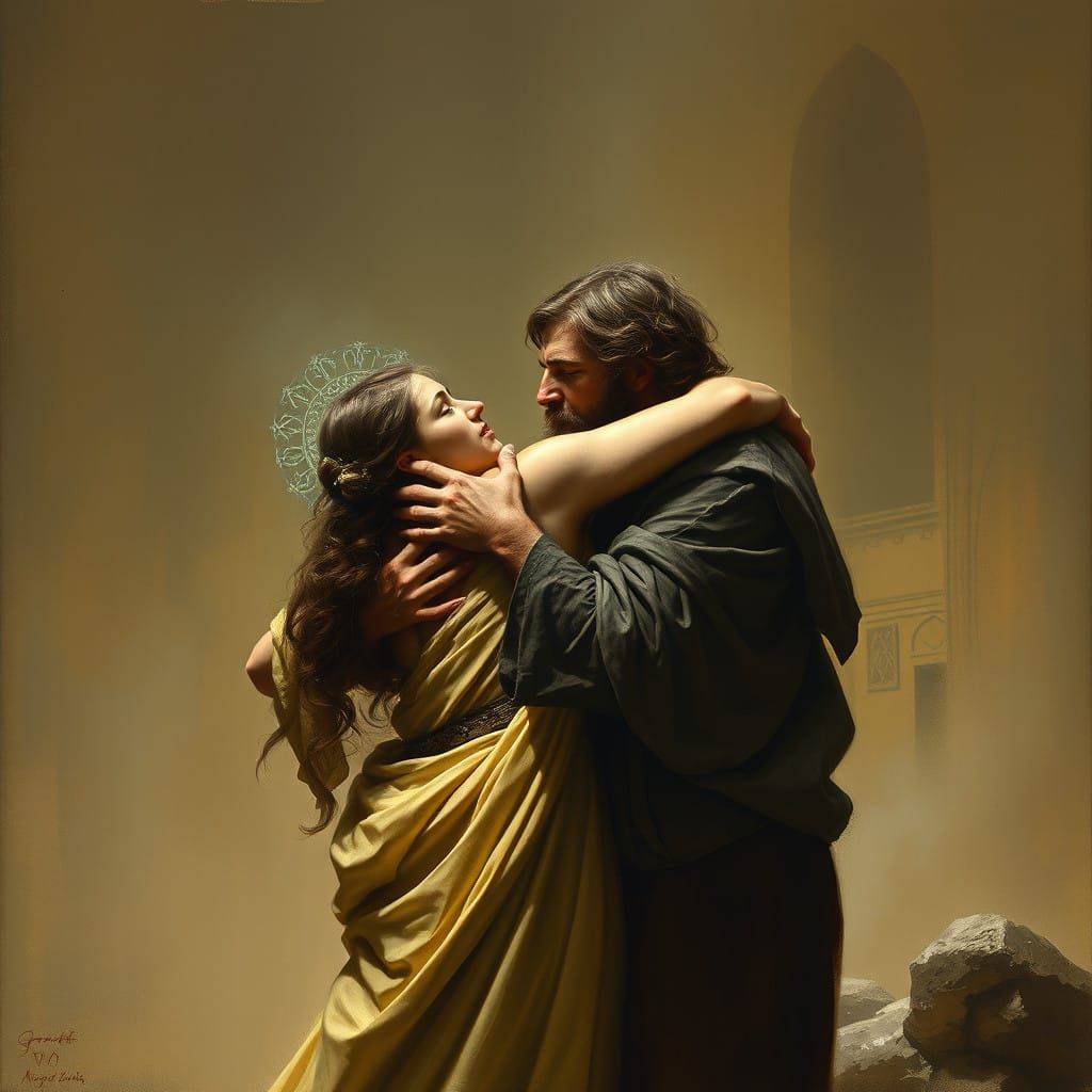 Couple Embracing Christ in a Darkened Realm