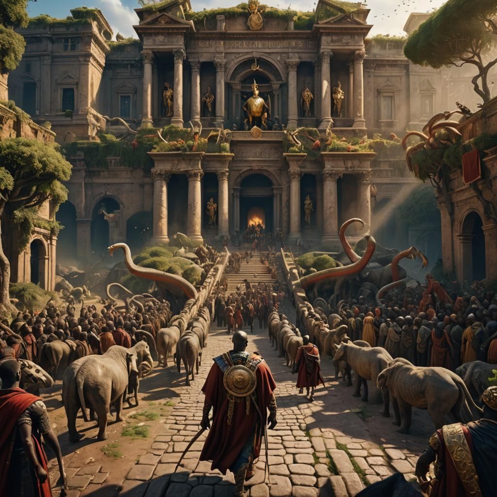 African King's Roman Entry with Animals: Fantasy Art