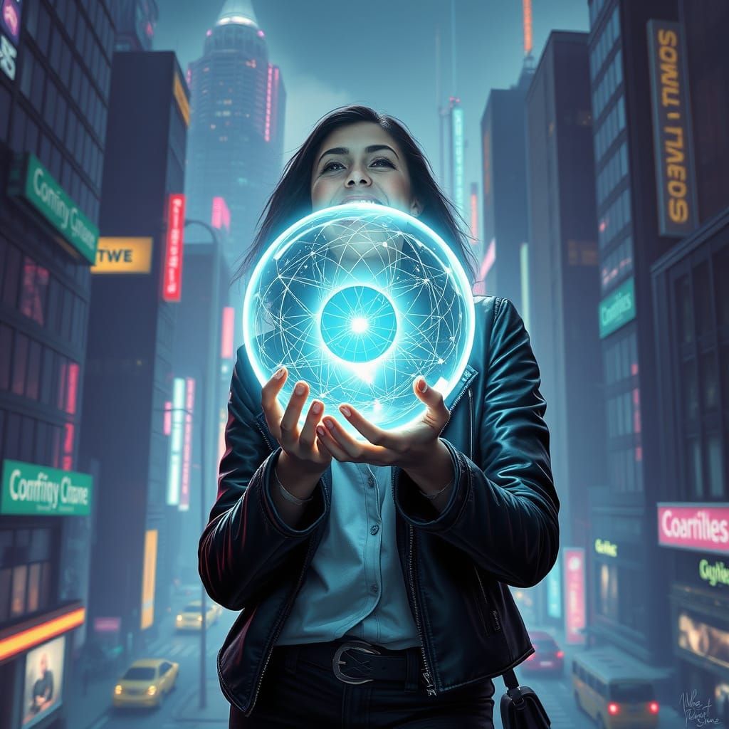 Woman with Quantum Core in Neon Noir Cityscape