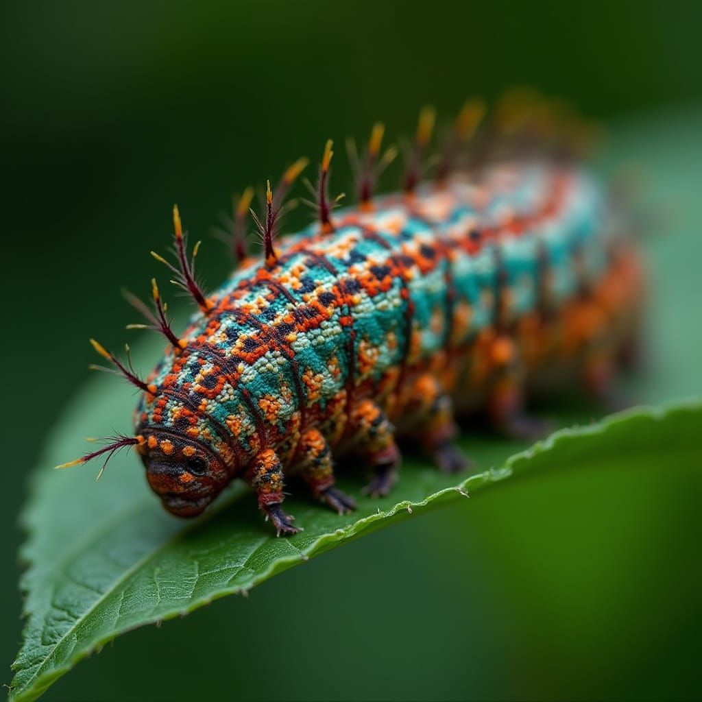 Vibrantly Patterned Caterpillar on Leaf