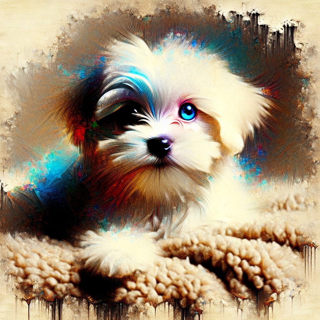 Maltese Puppy with Blue Eye in 20th Century Street Art Style