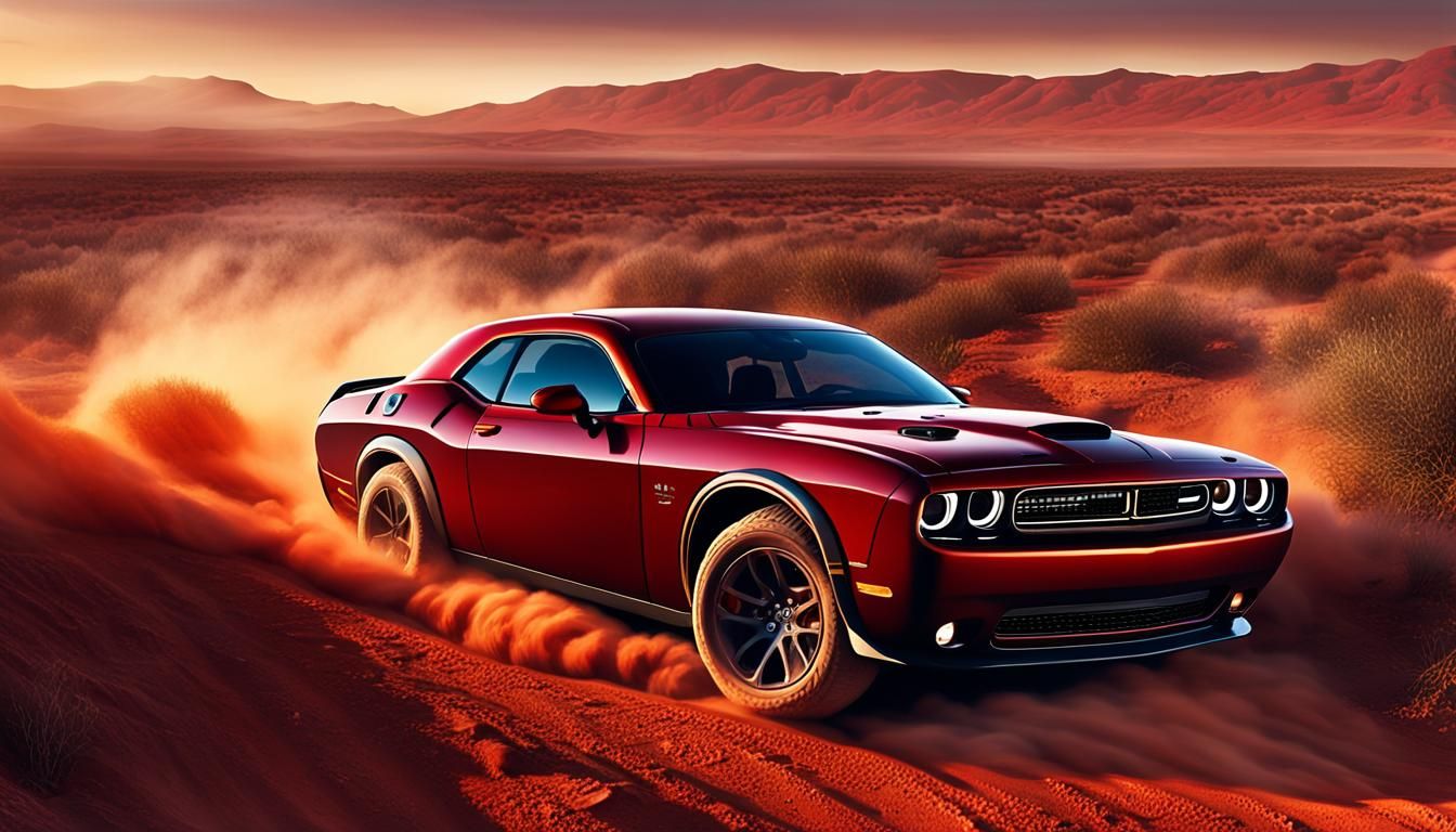Red Dodge Challenger on a Dirt Trail