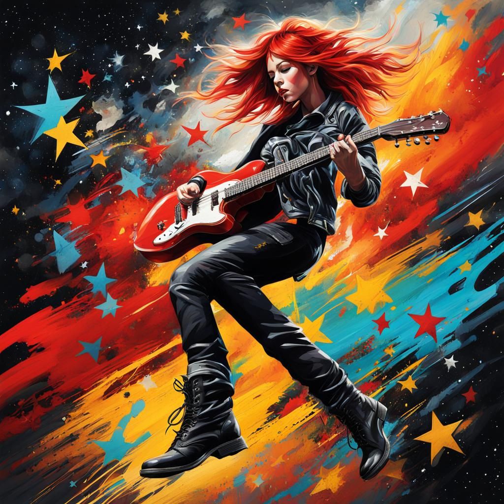 Rockstar with Guitar Flying in Starry Sky, Graffiti Art