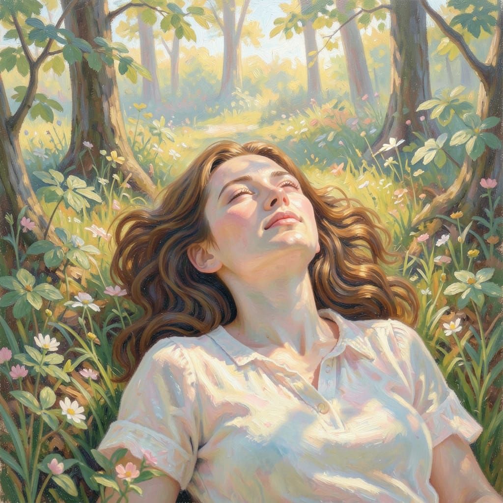 Serene Woman in Sun-Dappled Forest Clearing Oil Painting