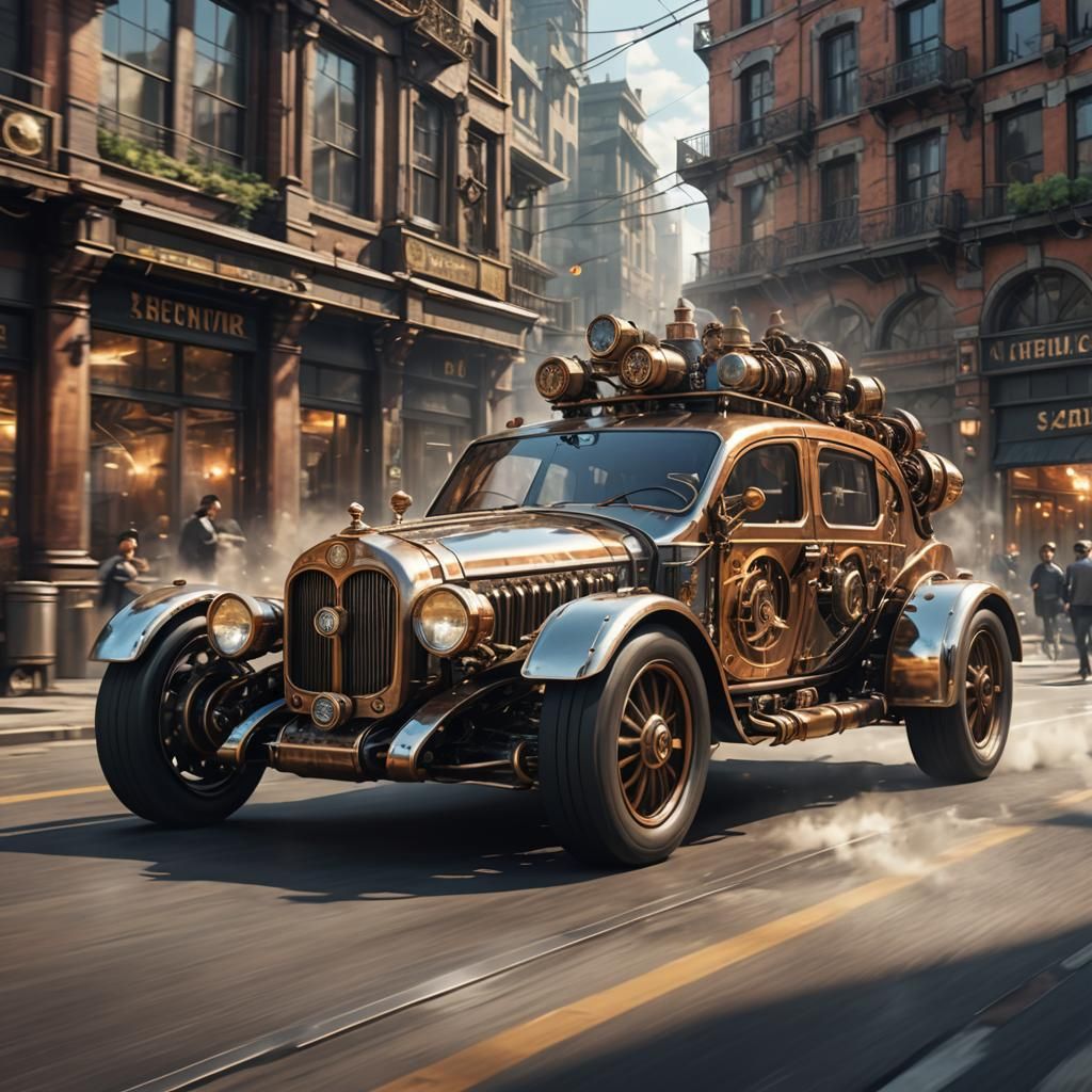 Steampunk Hybrid Car Races Through City: Concept Art
