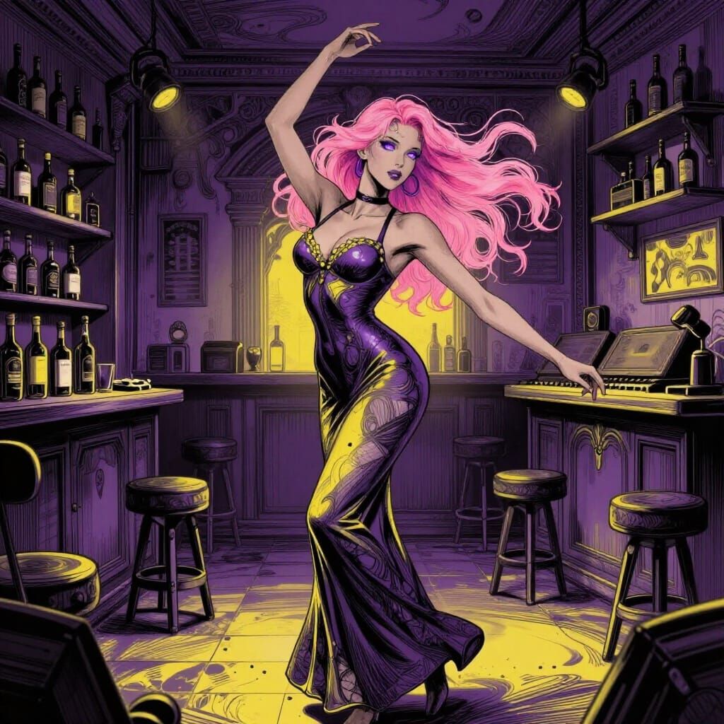 Pink Haired Woman Dancing in Music Shop