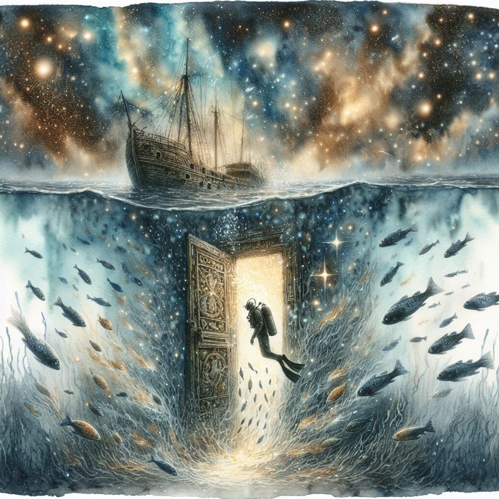 Ethereal Diver Ascends to Starry Night: Watercolor Scene