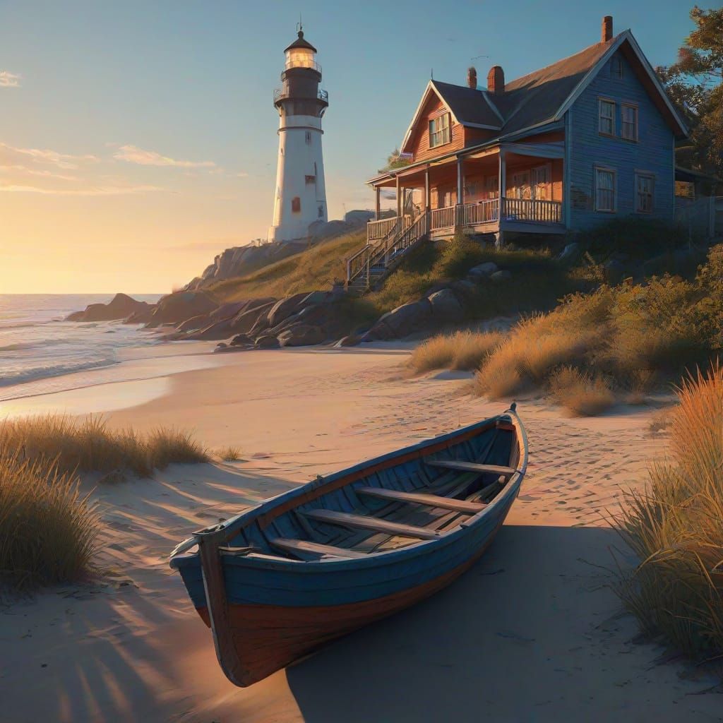 Surreal Sunset Coast with Wooden Boat and Lighthouse