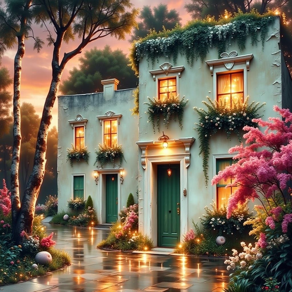 Cozy House in Flower Garden: Impressionist Digital Art