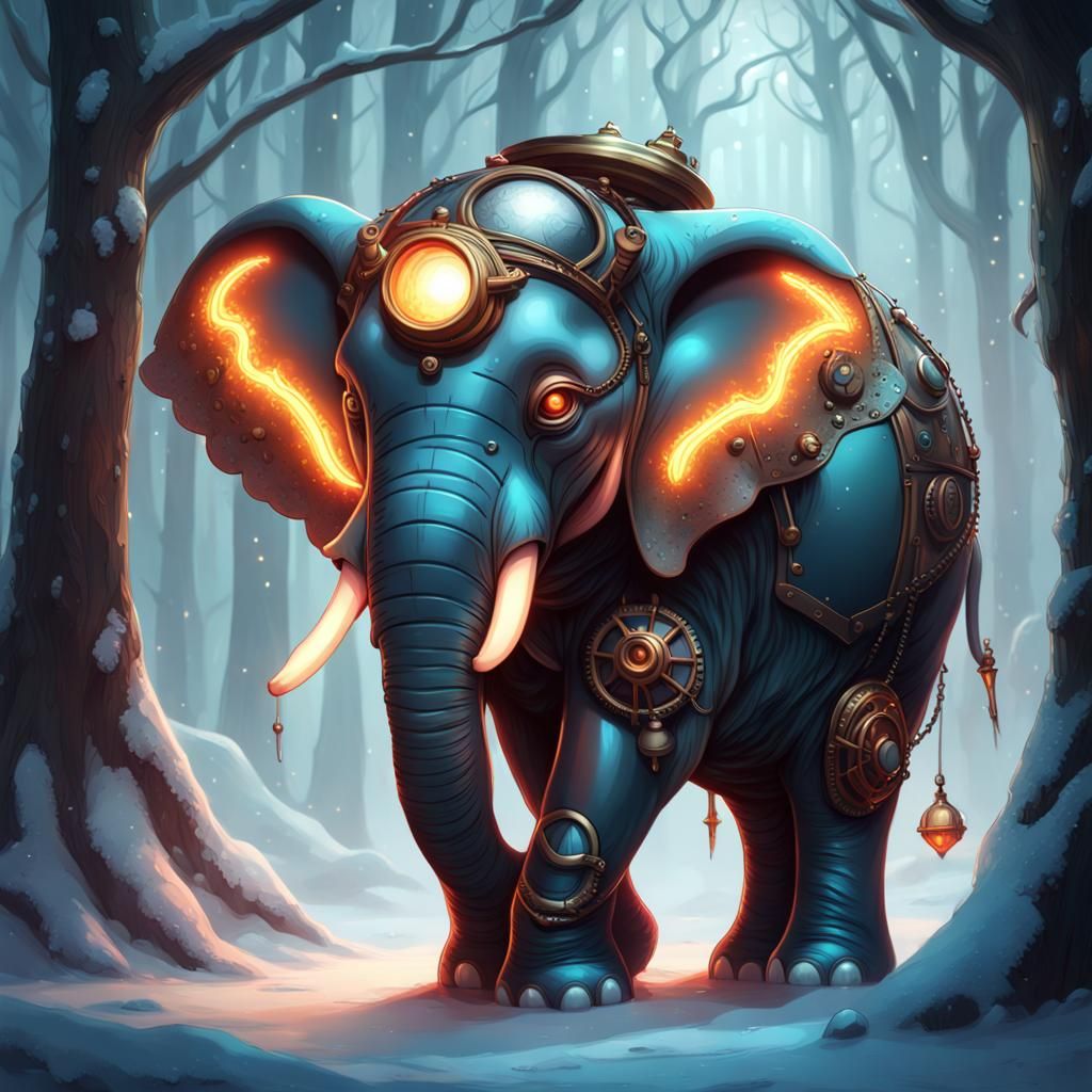 Steampunk gothic little elephant in winter wonderland