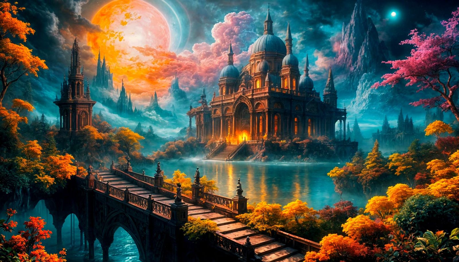 Vibrant Nighttime Dreamscape of Ocean City and Forest