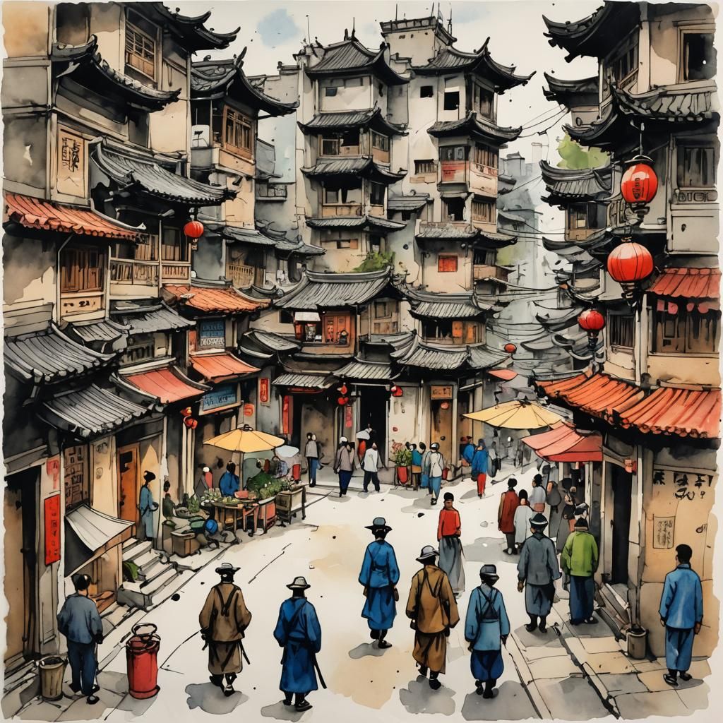 Urban Sketch in Folk Art Style