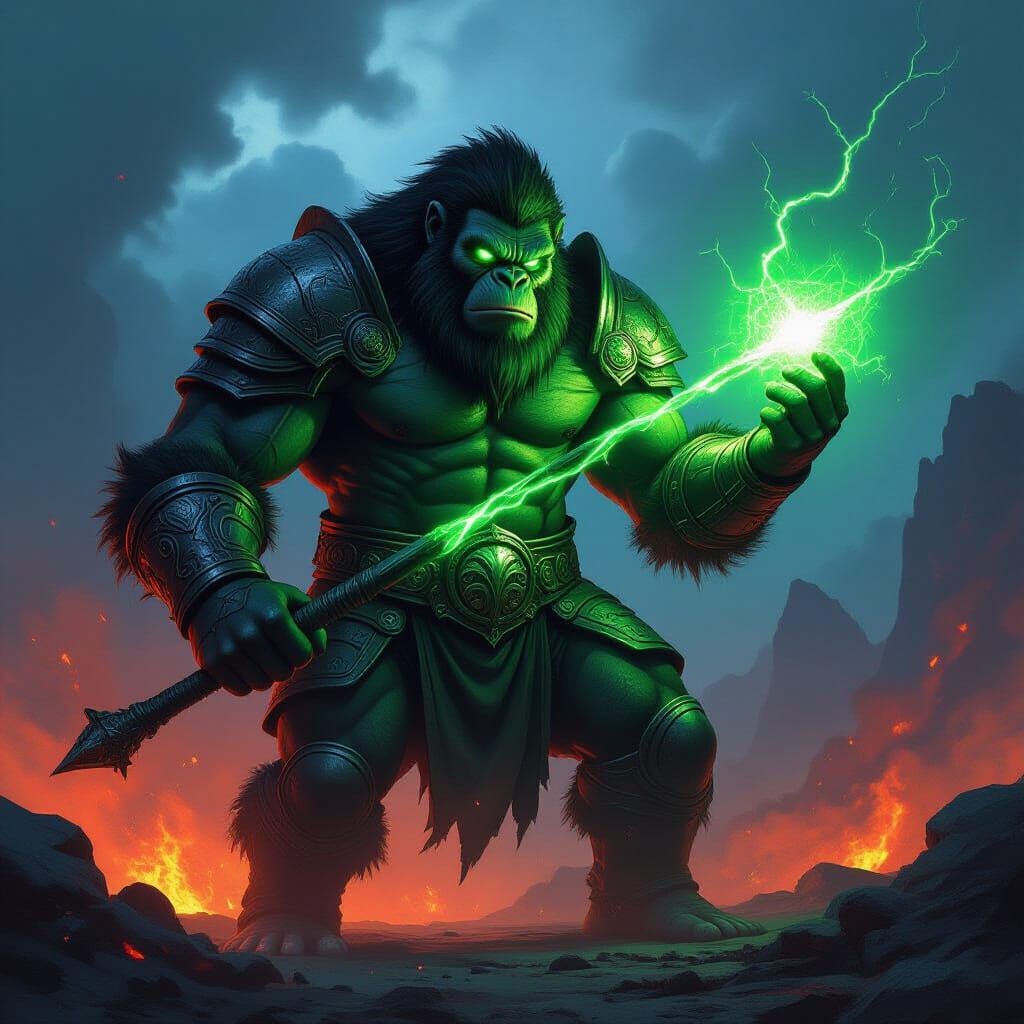 Enormous Armored Ape Wielding Glowing Staff