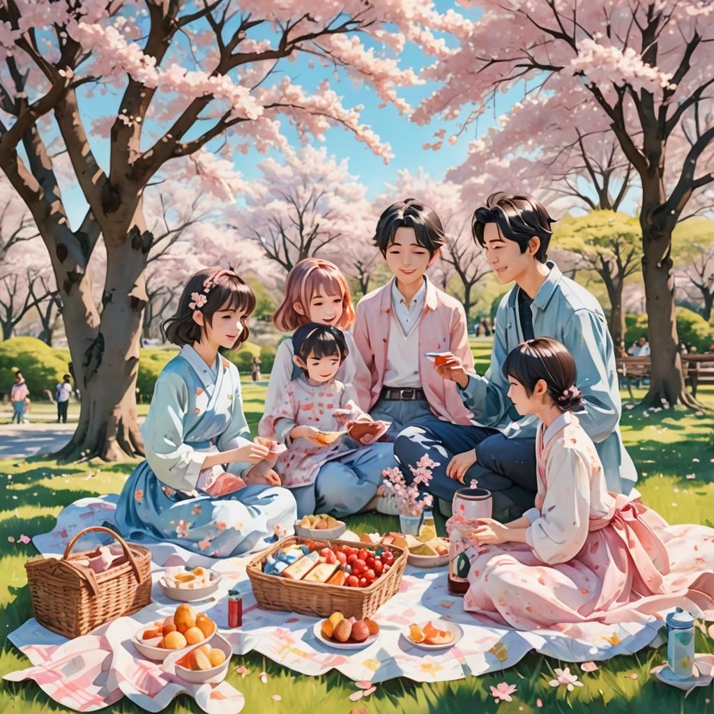 cute anime family picnic in a park