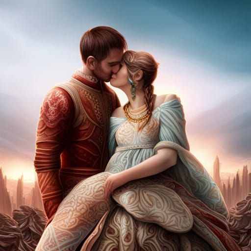 Embracing Figures in Detailed Matte Painting Style