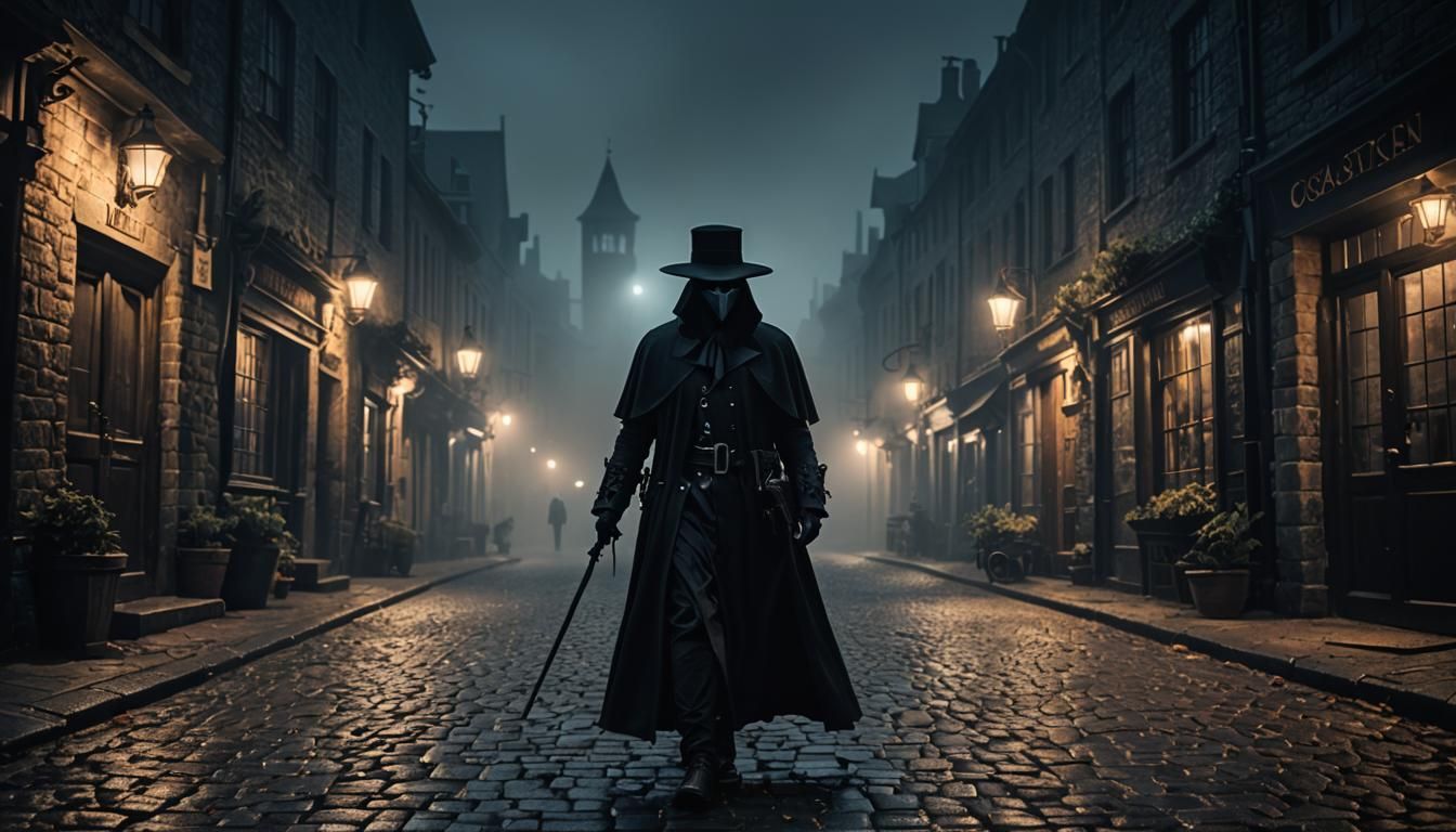 Plague Doctor on Foggy Street: Dark Fantasy Art