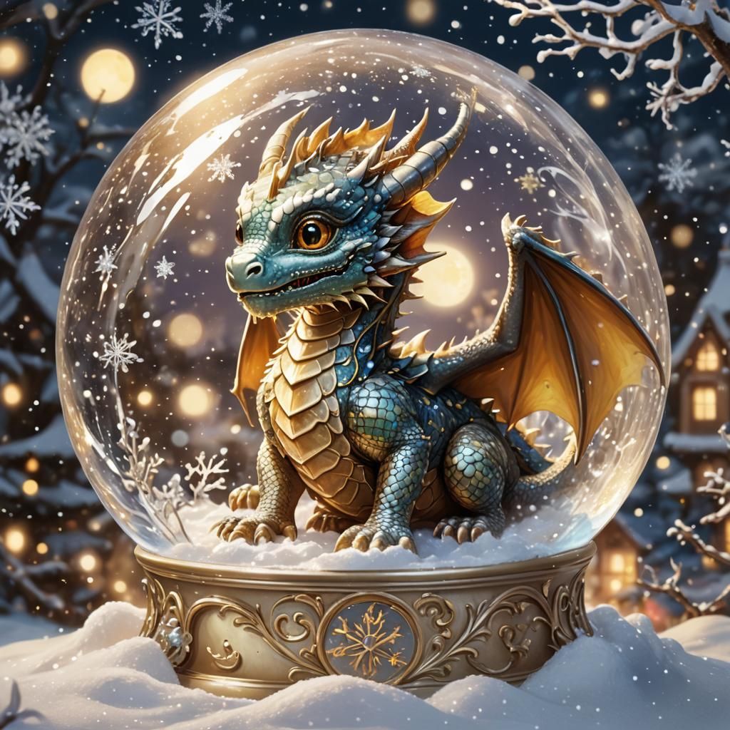 Baby Dragon Emerges from Moonlit Snow Globe