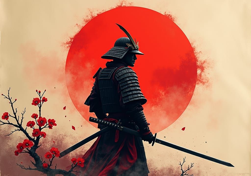 Samurai Warrior Silhouette with Crimson Sun in Ukiyo-e Style
