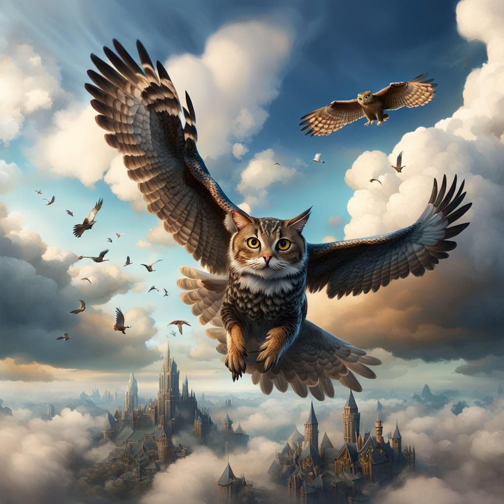 Owl-Headed Cat Flies With Prey: Detailed Matte Painting
