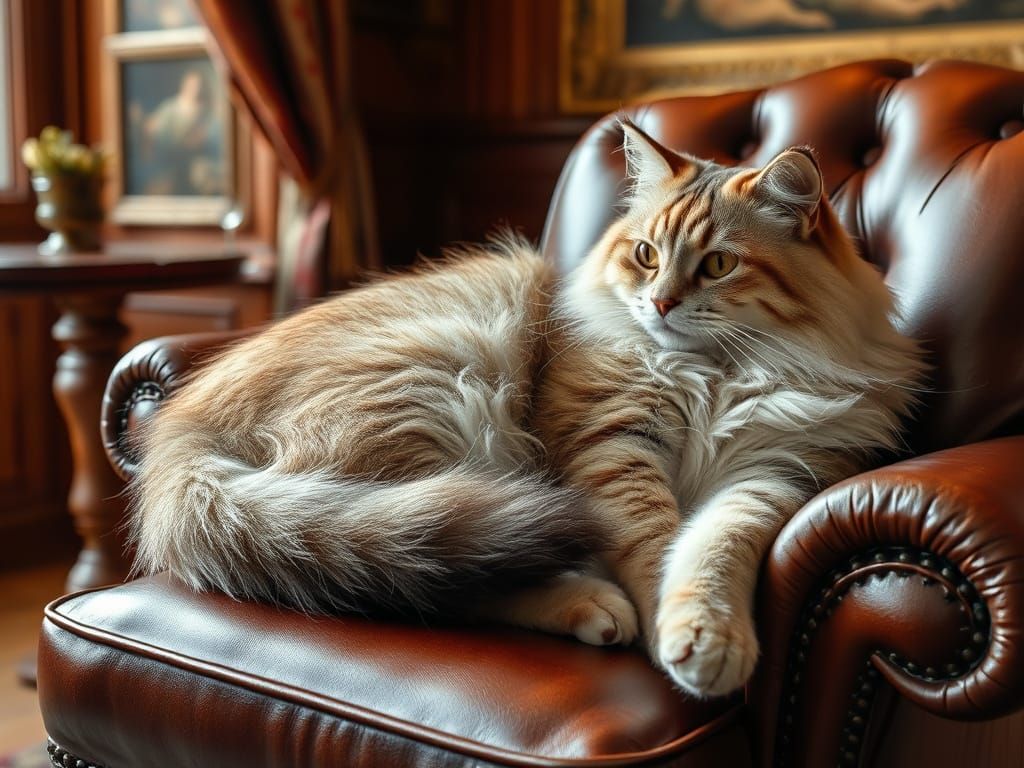 Furry Cat Curled on Renaissance Armchair