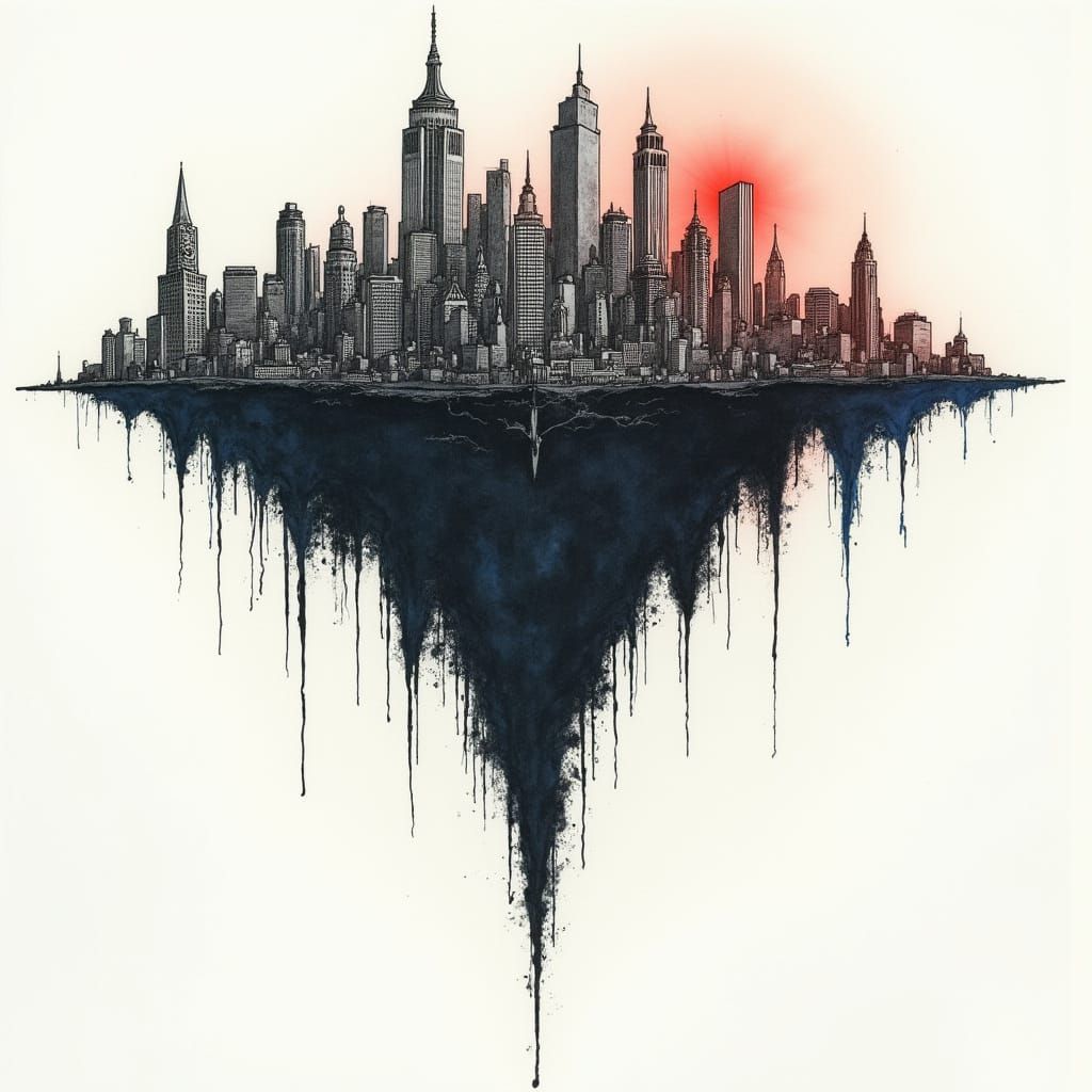 Surreal Upside Down City Sketch with Crimson and Blue Accent...