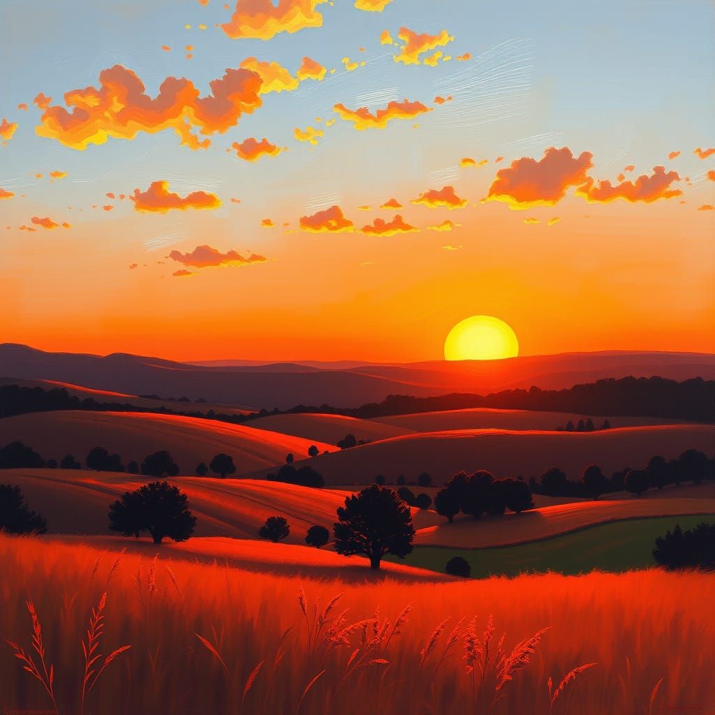 Warm Sunset Over Hills in Impressionistic Style