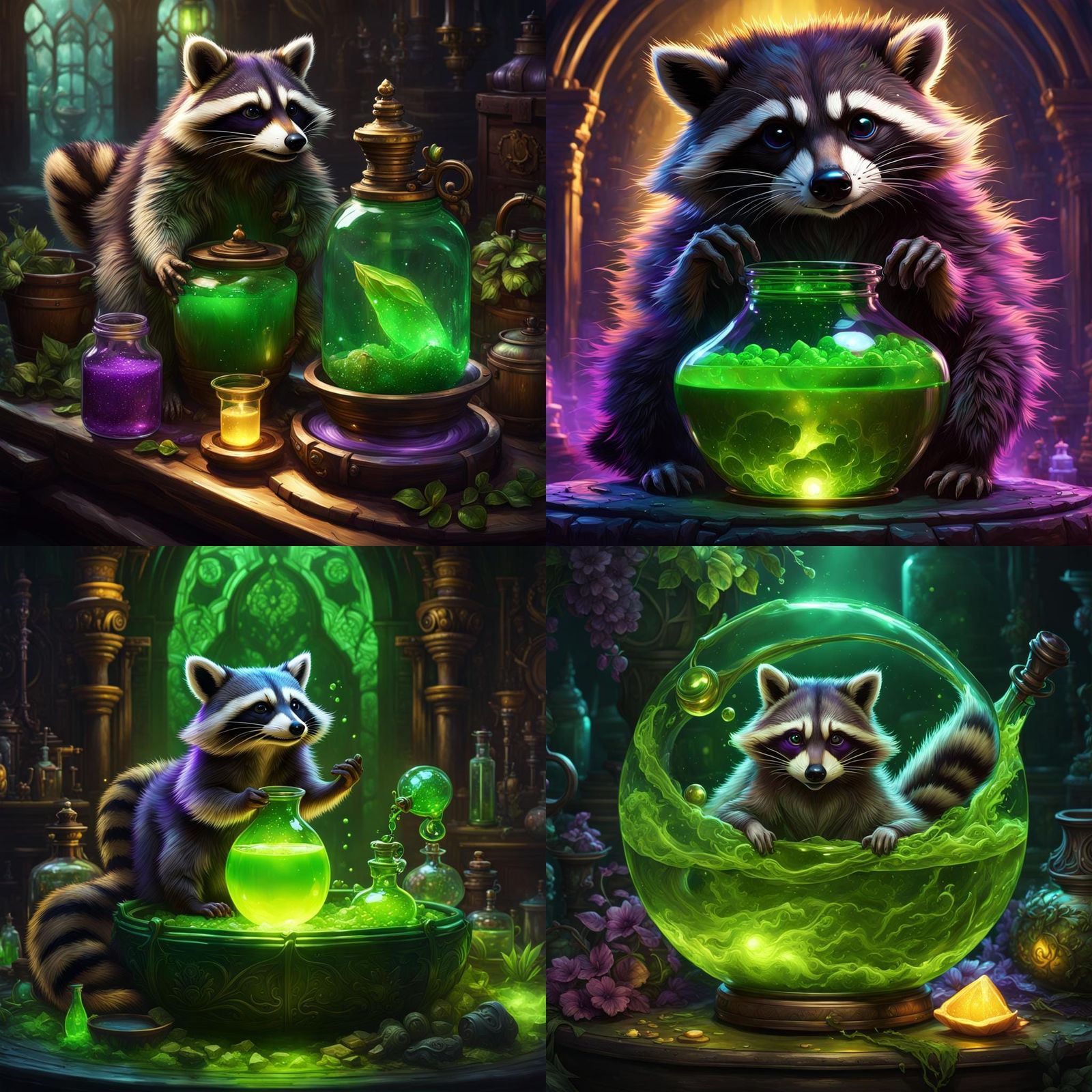 Raccoon Alchemist with Green Potion, Dark Fantasy Art