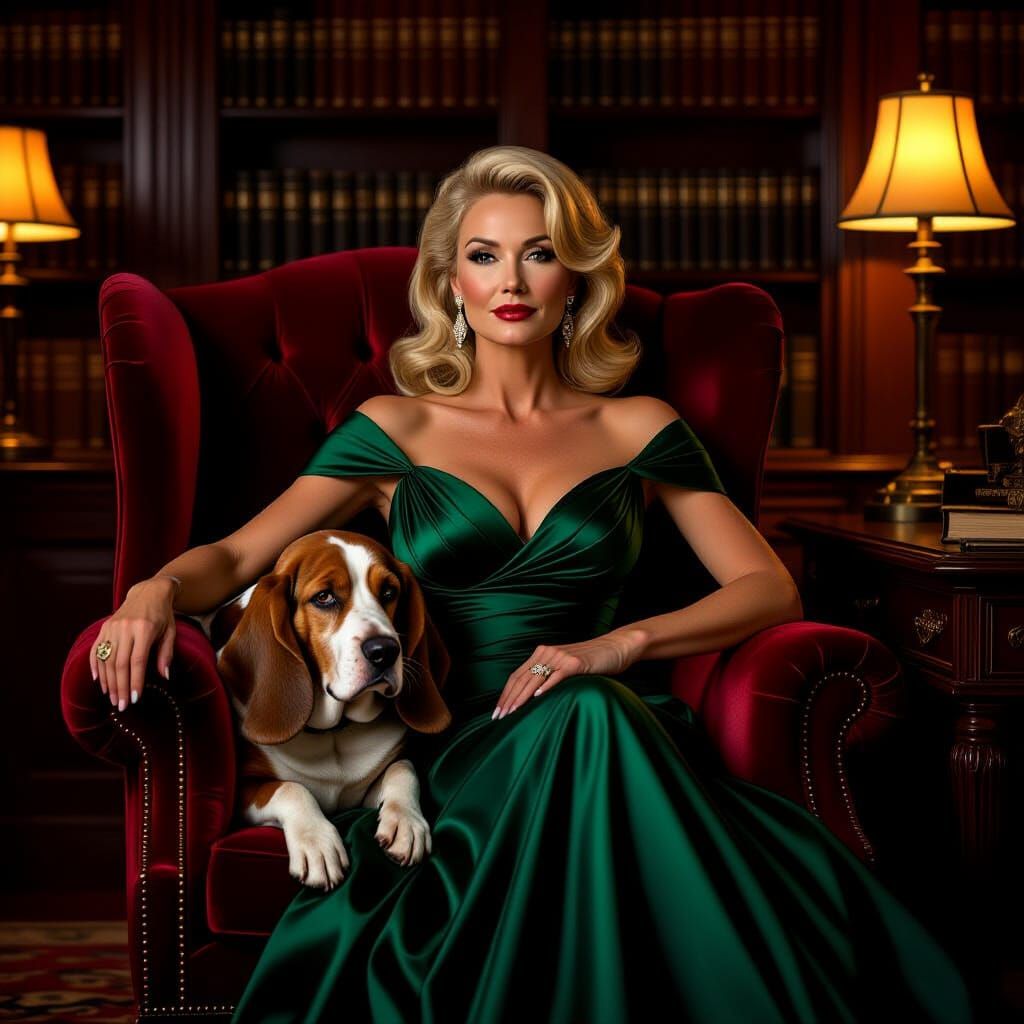 Glamorous Woman and Basset Hound in Vintage Study
