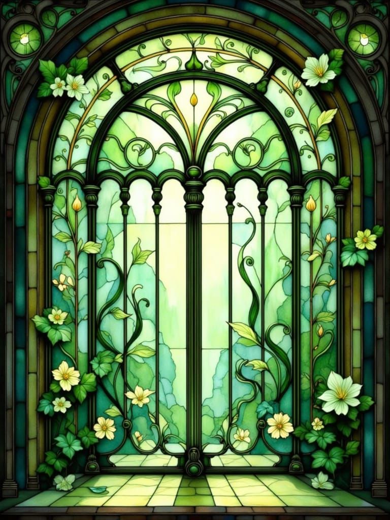 Art Nouveau Mission Window with Botanical Stained Glass