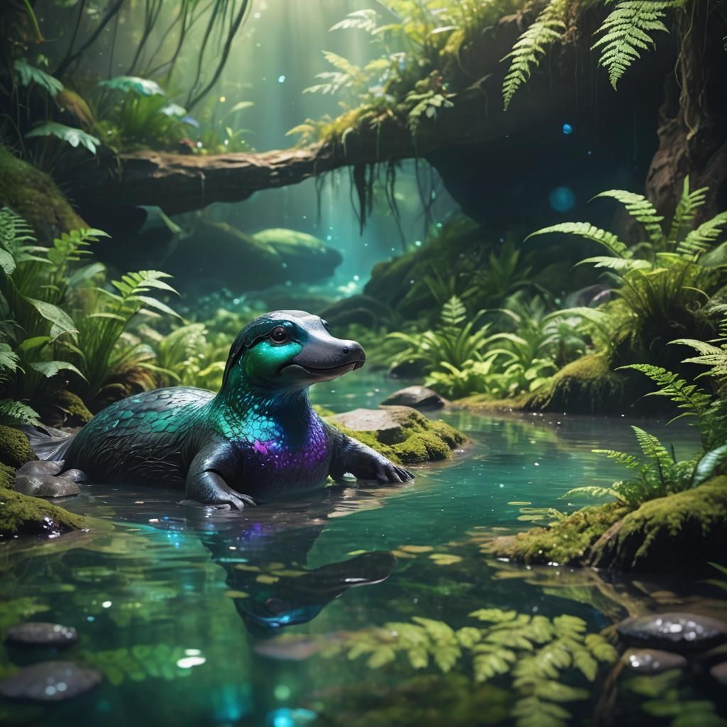fantasy fantastic platypus iridescent blue green cyan; swimm...